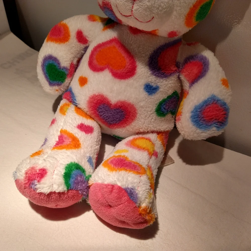 2011 Build-A-Bear White Multicolor Rainbow Hearts Bear Plush 16" - Picture 3 of 6